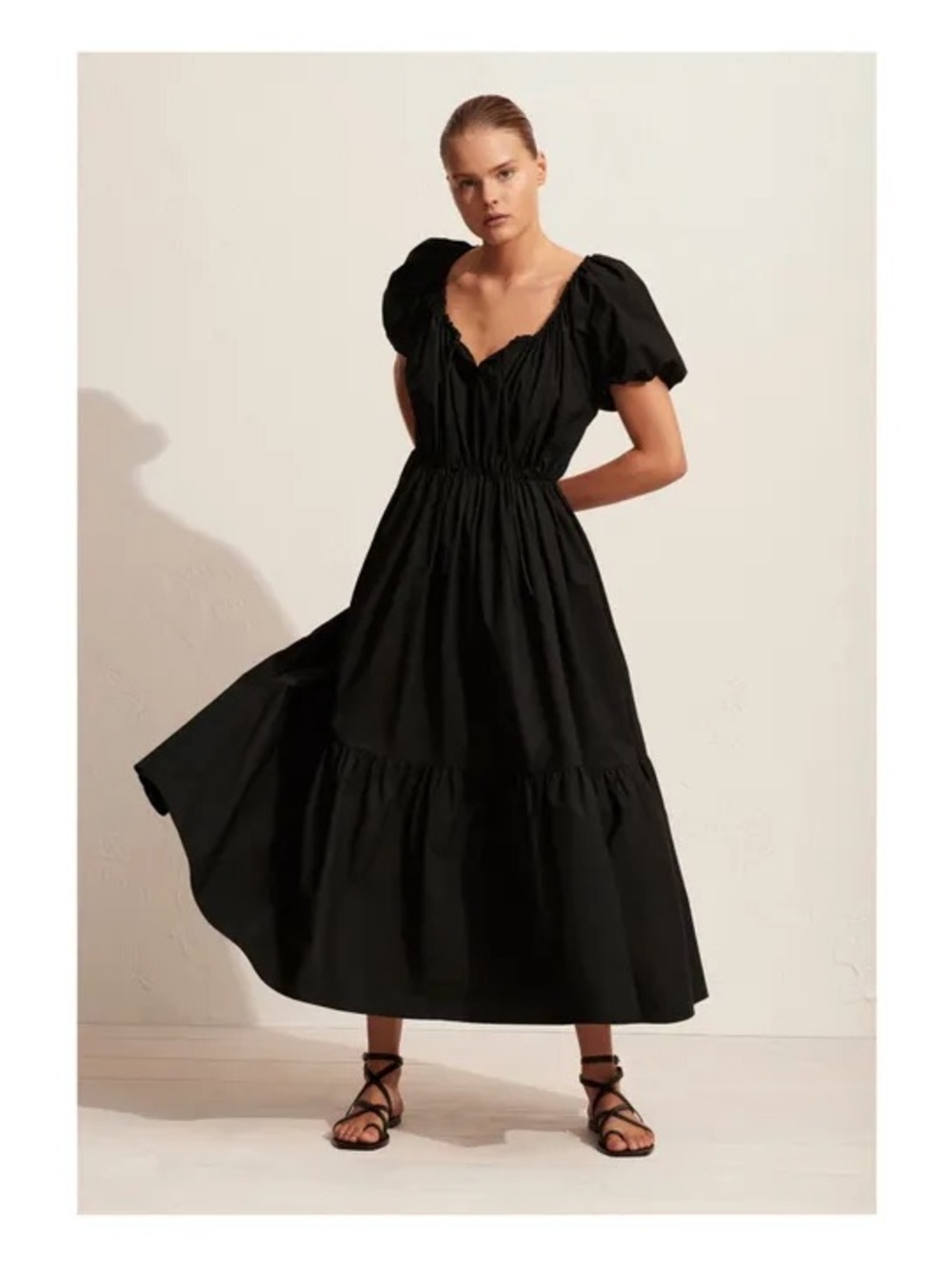 NEW Matteau Organic Cotton Drawcord Midi Dress Black Puff Sleeve Size 1  US 2